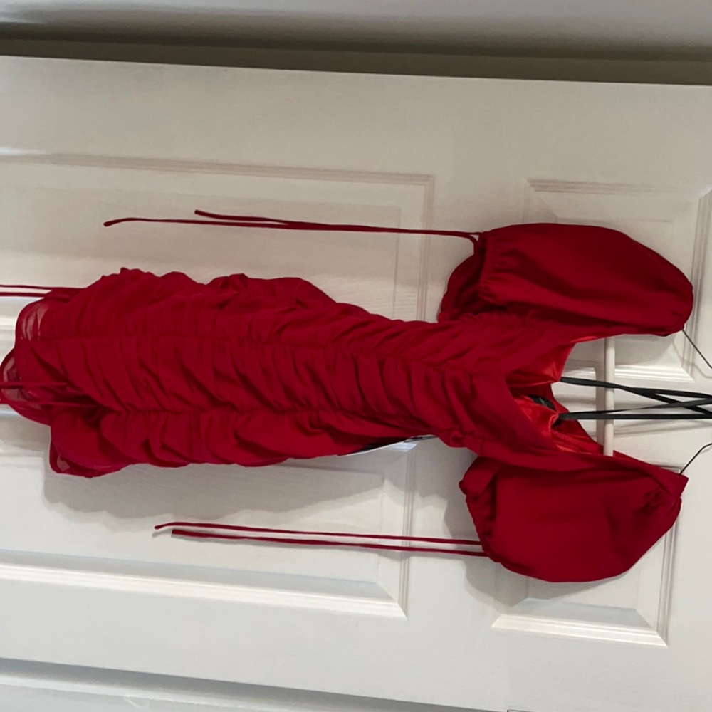 Red ruched puff sleeve majorelle dress